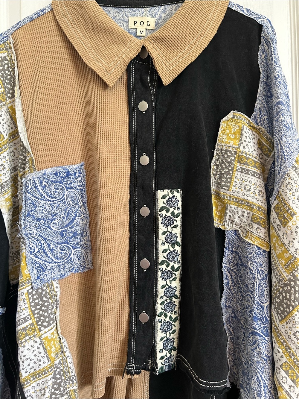 POL Button Shirt NWT Dolman Sleeve Mixed Fabric Western Patchwork Boho Oversized - Picture 2 of 11